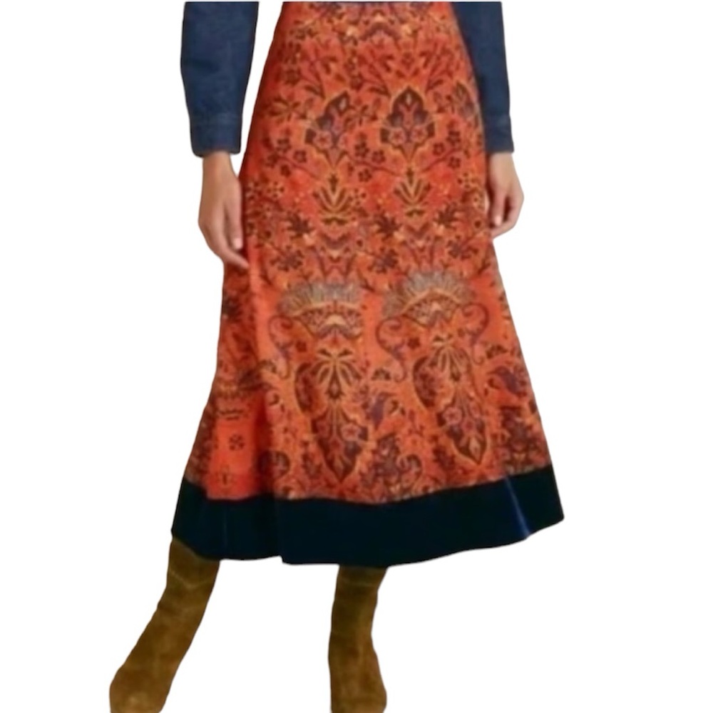 Soft Surroundings Baroque Print Velvet Hem Midi Skirt XS Petite